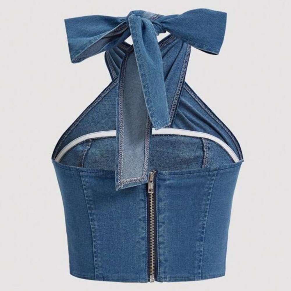Denim halter top cropped jean shirt bustier 6 bow western rodeo fair cowgirl S M - Picture 2 of 7